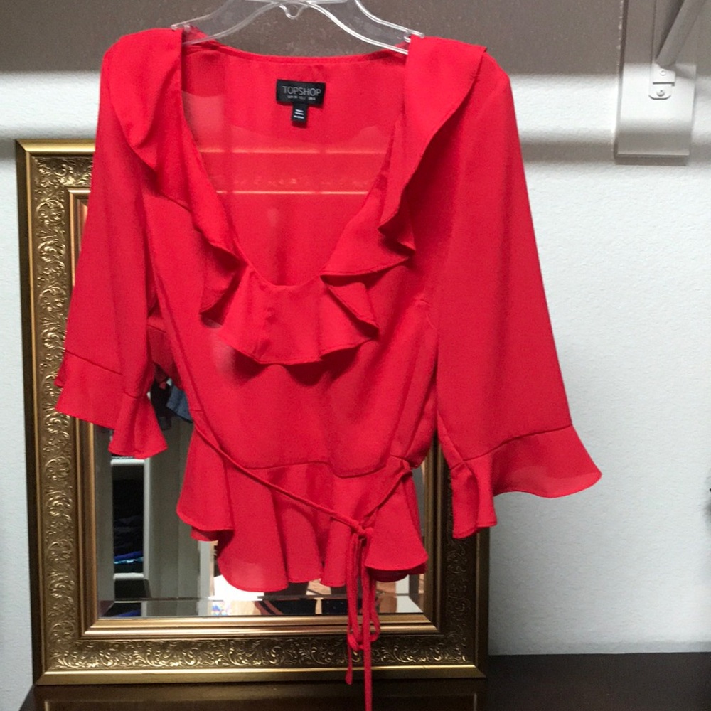 Topshop Red Ruffle Blouse